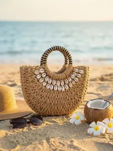 2026 Summer Retro Straw Bag 👜 Women's Beach Vacation Shell Woven Handbag