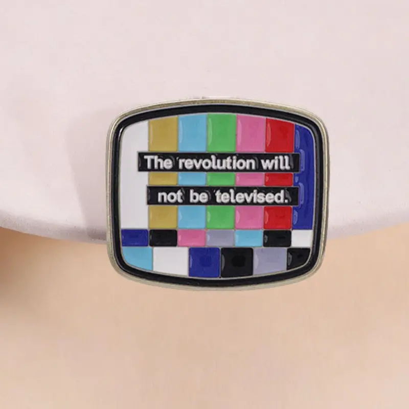 "the Revolution Will Not Be Televised" Enamel Pin, Alloy Brooch Pin, Brooch Pins, Vintage TV Colorful Grid Badge, Fashion Accessory, Neutral Design, Gift for Friends