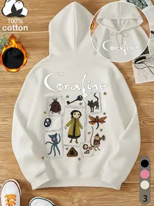 Women's Cartoon Print Hoodie, Casual Fitted Cotton Long Sleeve Pullover, Retro Style Fall & Winter Fashion, Letter Pattern Design, Cute Sweatshirt