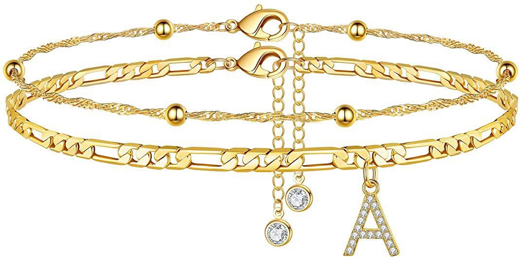 Popular 26-letter zirconia anklet, simple and stylish beaded Cuban double-layer anklet