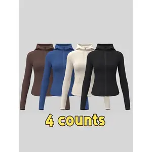 Women's Solid Zip Up Sports Jacket, Long Sleeve Thumb Hole Sports Outerwear, Ladies Sportswear for Indoor Outdoor Wear, Casual Chic Outerwear
