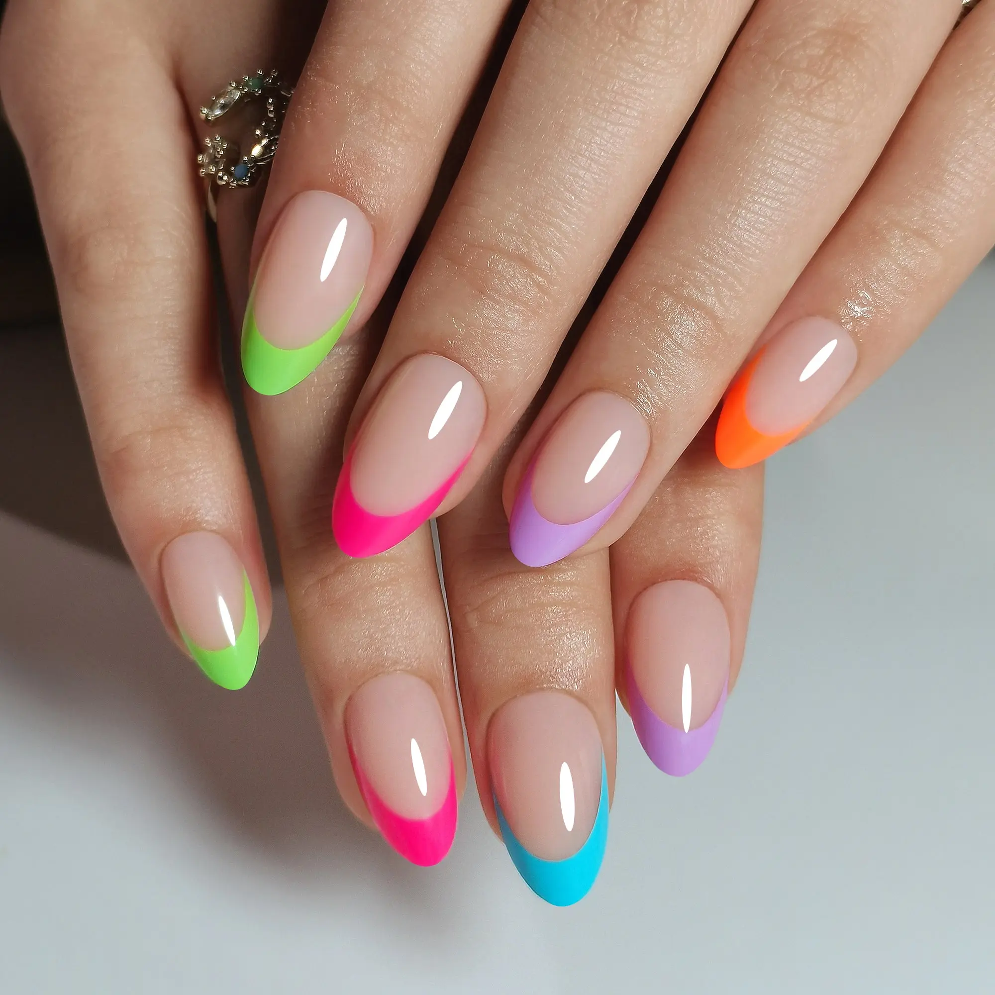 CurvLife Nailora medium almond mulit colored Fake Nails french nude glossy shiny 2 week wear damage free