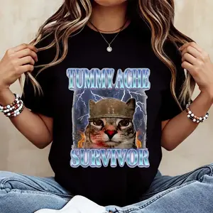 Tummy Ache Survivor Funny Cat Meme 90s Bootleg Graphic T-Shirt Casual Fitted