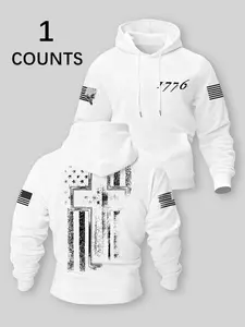 Men's Fashion American Patriotic 1776 Cross Print Hoodie, Casual Hooded Sweatshirt, Long Sleeve Casual Loose-Fitting Design for Everyday and Outdoor Activities, Perfect Gift for Friends, Sweatshirts Pullover