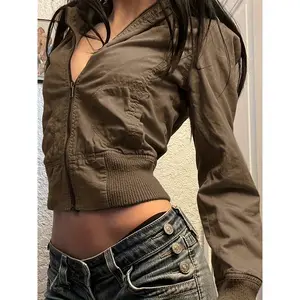 Women's Y2g Style Turtleneck Zipper Jacket, Solid Color Polyester 95% Elastic 5% Short Long Sleeve All Season Spun Formal Style with Zipper Details