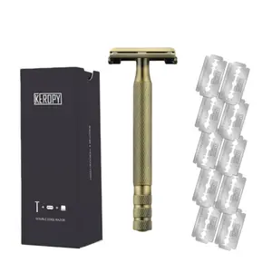 Keropy Brass Color Safety Razor, Double Edge Butterfly Razor for Men , Includes 10 Stainless Steel Blades, Smooth Wet Shave