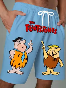 Men's Plus Size Casual Summer Shorts with Cartoon Character Print - Lightweight Beachwear, Elastic Waist Drawstring & Pockets, Machine Washable Hawaiian Vacation Shorts, PLUS SIZE