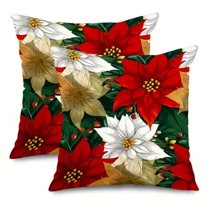 2pcs, Christmas Poinsettia Throw Pillow Covers, Contemporary Zippered Polyester Cushion Cases, Seasonal Xmas Flower Design, Machine Washable, for Home Decor Single-sided Printing, Home Decorative Cushion, Without Pillow Core