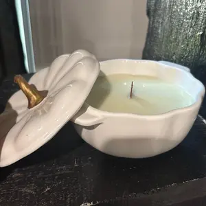 9oz Pumpkin Candle in Unique White  or orange. Container with Gold Accents - Product Title