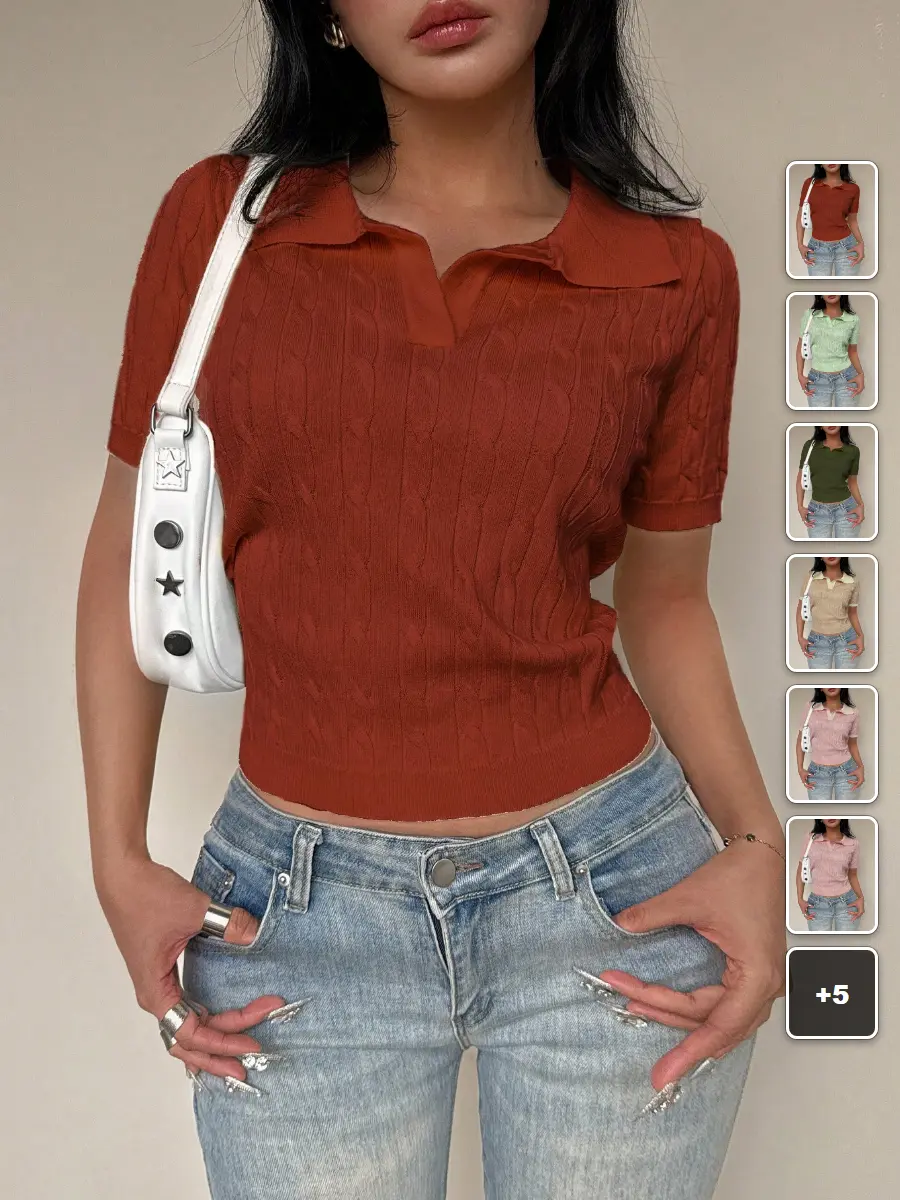 Polo Neck Knit Top Solid Short Sleeve Twist Knit Casual Everyday Fashion