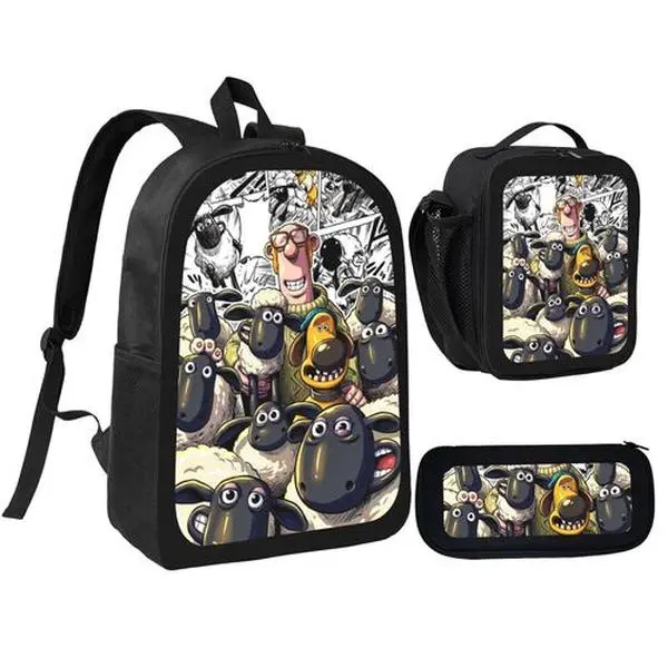 Kids' Shaun the Sheep Theme 3-Piece School Backpack Set - Durable Bookbag with Lunch Bag & Pencil Pouch, School & Daily Travel Essentials