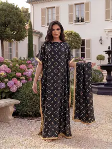 Women's Elegant All-Over Printed Long Robe Set, Beachwear Sun Protection Satin Scarf & Headband, Fashionable Summer Elegance