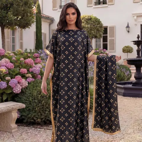 Women's Elegant All-Over Printed Long Robe Set, Beachwear Sun Protection Satin Scarf & Headband, Fashionable Summer Elegance