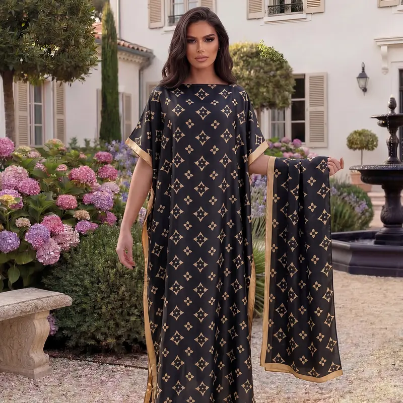 Women's Elegant All-Over Printed Long Robe Set, Beachwear Sun Protection Satin Scarf & Headband, Fashionable Summer Elegance