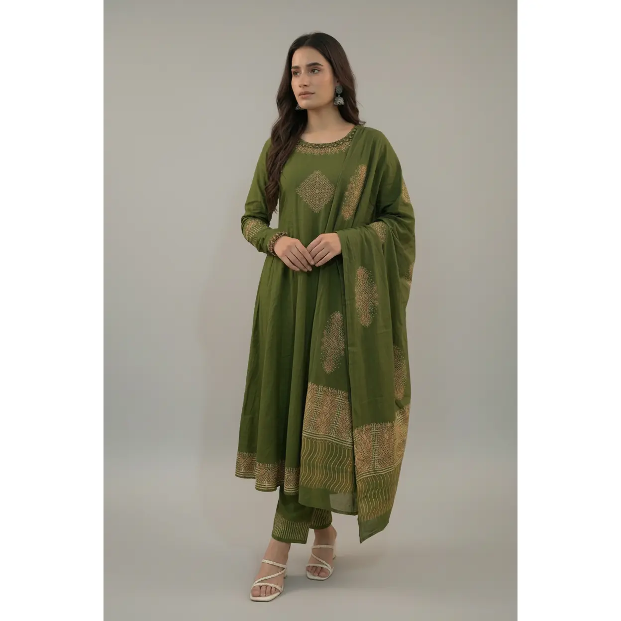 Women's Olive Green Ethnic Set with Gold Details Womenswear