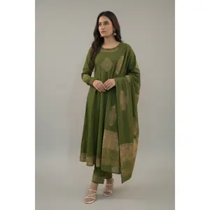 Women's Olive Green Ethnic Set with Gold Details