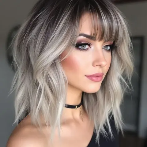 Fashionable New Short Curly Shoulder Length with Bangs and Dark Roots, Synthetic Women's Wigs for Ordinary Work, Life, Dance Parties and all occasions, Stylist Friendly Wig, Synthetic Hair Wig, Synthetic Fiber Wigs, Synthetic Material Wigs