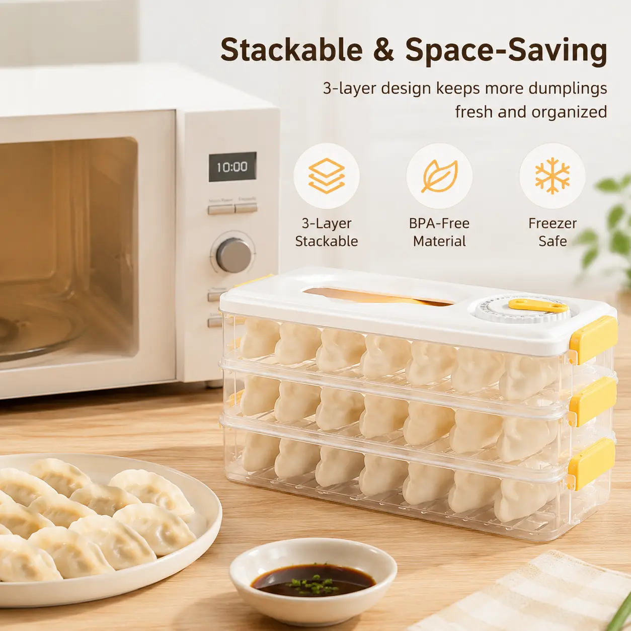 1 Count, Stackable Dumpling Storage Box, Sealed with Non-stick Base, Portable Handle and Time Dial, for Kitchen Fridge and Microwave Food Storage