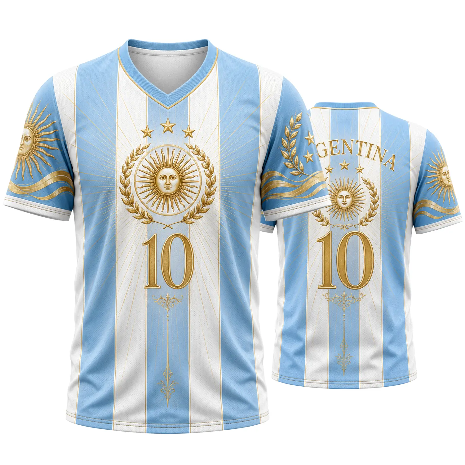 Unisex Argentine Theme Graphic Print Short Sleeve Top - V-Neck Athletic Casual Wear, Sky Blue White Gold Sun Laurel & Number 10 Design, Size S-5XL Sports Short Sleeve Tops