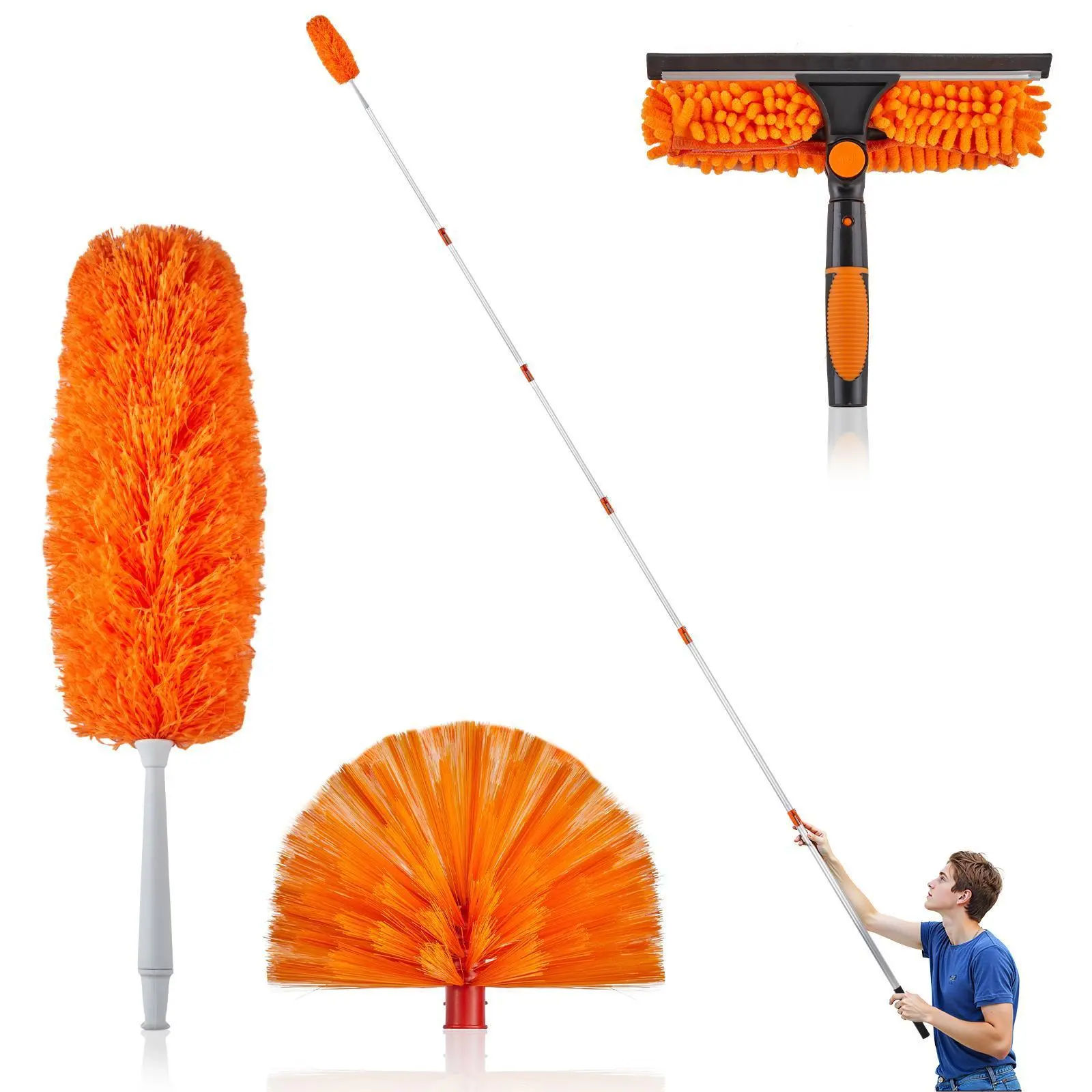 4-30 FT High Reach Duster Kit with Extension Pole, High Ceiling Dusting and Window Cleaning Kit with Window Washer & Squeegee & Cobweb Duster