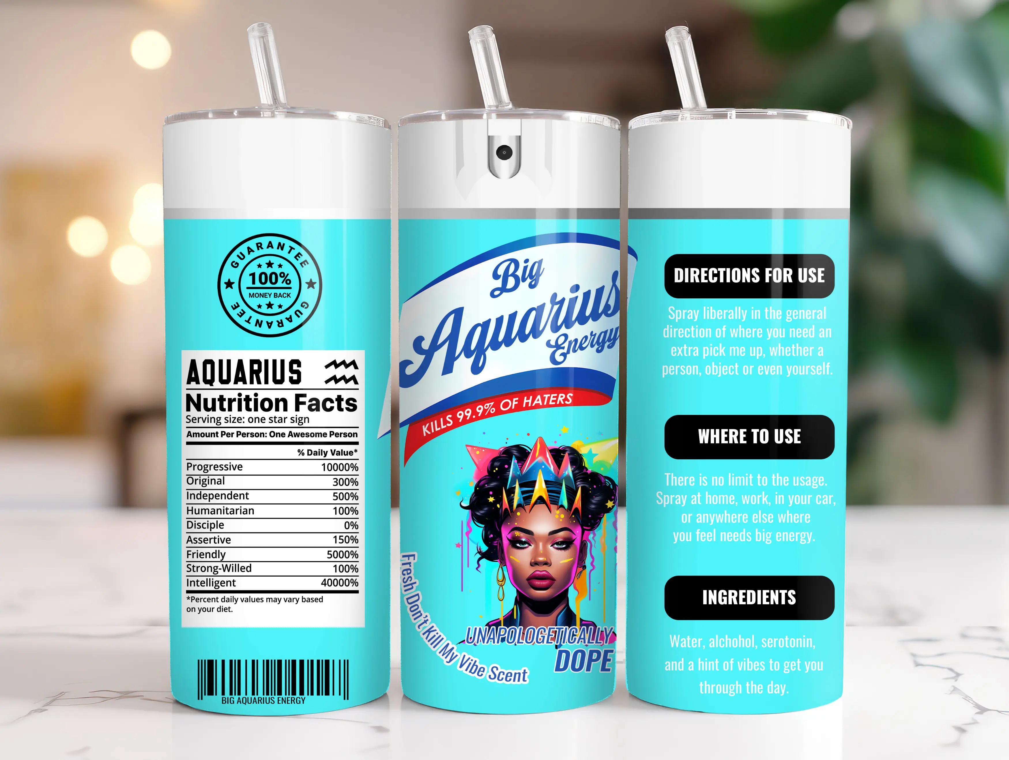 Big Zodiac Energy 20oz Tumbler 12 Designs African American Girl Bottle Drinkware Lid Beverage Stainless