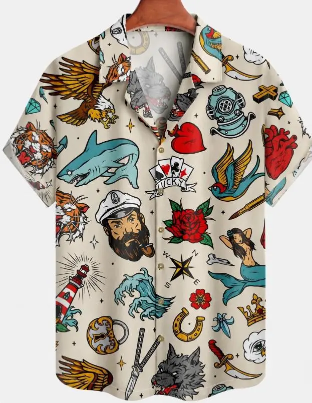 Traditional Tattoo Hawaiian Shirt Men Vintage Sailor Printed Beach Button Down