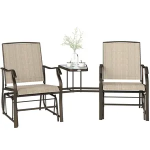 Outdoor Glider Chairs with Coffee Table – 2 Seats Glide Independently. Perfect for Relaxing with a Friend. Center Table Keeps Drinks & Items Stable. Light Brown