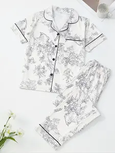 Women's Floral Button Front Pocket Shirt & Elastic Waist Pants Set, Casual Two-Piece, Short Sleeve Lapel Cardigan Top