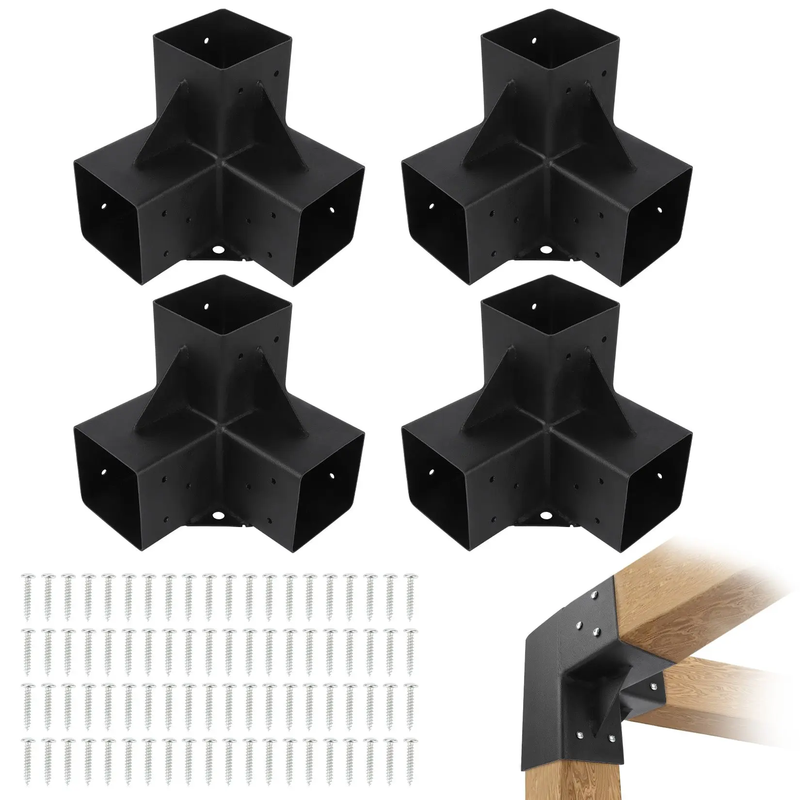 【GARVEE】4PC Heavy Duty 3-Way Steel Pergola Brackets Kit for 6"x6" Lumber (Inner 5.6"x5.6") - Corner Brackets for Gazebo, Patio Pergolas, Black