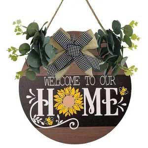 Round Wooden Sign, 1 Piece Welcome to Our Home Wooden Front Door Sign, Letter & Sunflower Pattern Wall Hanger, Rustic Round Wreath Wall Decor, Spring Farmhouse Decoration