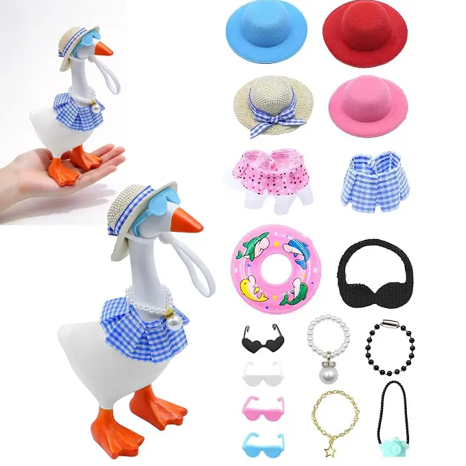 16PCS Mini 7 InchDesk Goose Clothes with Hats, Sunglasses, Bikini,Swimming Ring, Dresses for Magnetic Porch Goose Key Holder Decor & Office Gifts