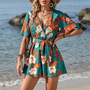 Women's Tie Waist Floral Print Bodysuit V Neck Short Ruffle Sleeve Romper Loose Fit Jumpsuit for Mother's Day Gift and Beach Party