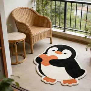 Modern Cartoon Penguin Heart Rug, Living Room Bedroom Carpet, Washable Plush Mat, Contemporary Style, Home Decor
