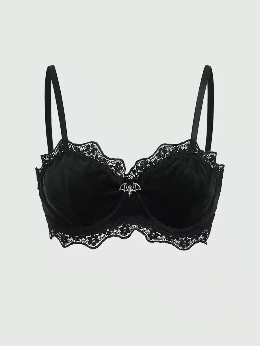 Grunge Punk Ladies Velvet & Lace & Underwire Design Bat Shaped Pendant Bralette, Lingerie