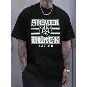 MenS Large Silvery & Black Raiders T-Shirt - Silvery Black Nation Graphic, 100%, Casual Crew Neck, Casual WearGraphic Teestretchy Fabric