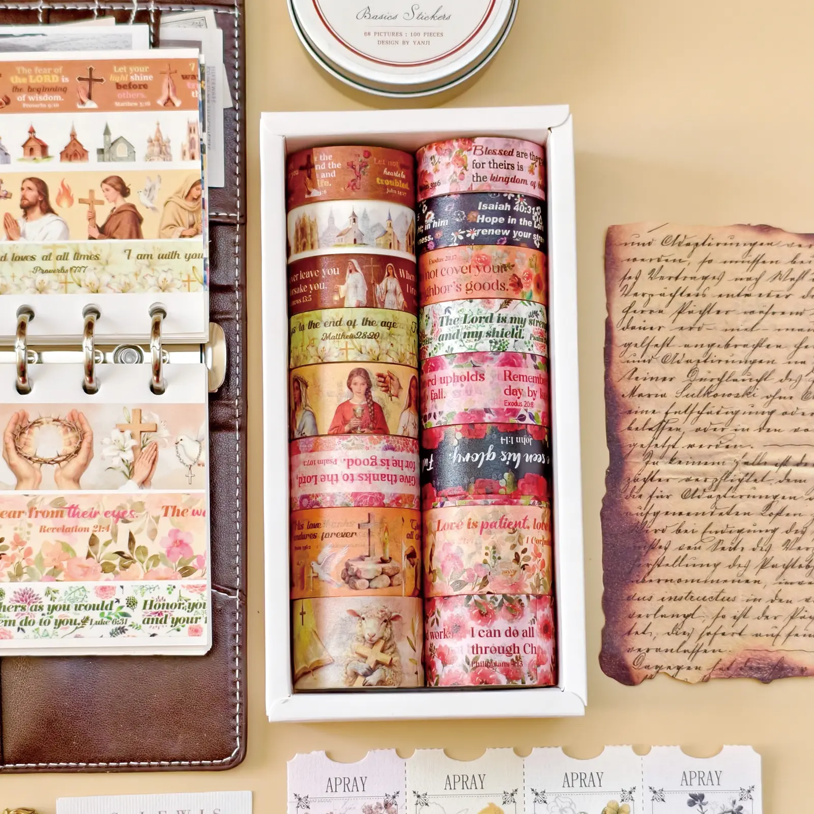 PRSTINCOL 42-Roll Multi Washi Tape Scrapbook Supplies Kit - Christian Plaid, Floral, Vintage Bible Verses, Inspirational Quotes Designs for Scrapbooking, Easter DIY Crafts