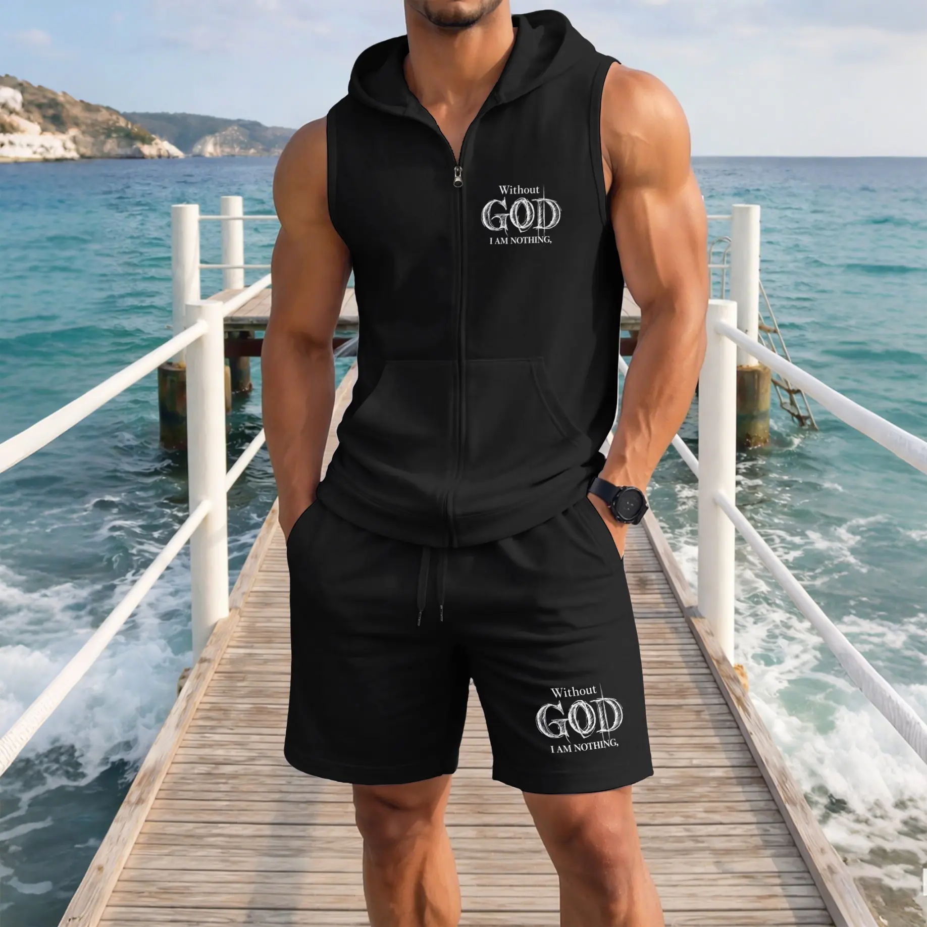 Men's Without God I Am Nothing Graphic Sleeveless Hoodie Shorts Set 2 Piece Outfit Christian Faith Print Zip Up Hooded Vest Drawstring Shorts Summer Casual Gym Workout Streetwear Breathable Lightweight Athletic Lounge Set