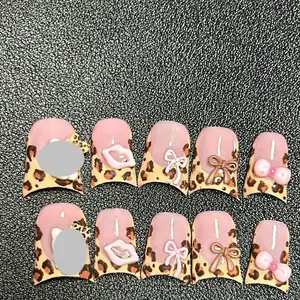 Cheetah Girl Pink Duck Press On Nails Set of 10 with Application Kit Glue Sticky Tabs Instruction Card File Cuticle Stick Alcohol Wipe Included