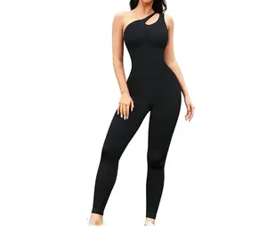 Women’s Seamless One-Shoulder Jumpsuit, Stretchy Slim Fit Bodysuit with Long Pants for Workout & Everyday Wear