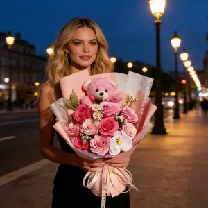 Viral TikTok Bouquet | Teddy Bear Eternal Rose Soap Flower Artificial Flowers Gift for Mom, Graduation & Birthday ✨