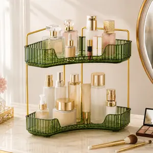 2-Tier Corner Makeup Organizer for Vanity | Premium PET & Metal Countertop Storage Tower | Luxury Corner Perfume Tray Cosmetic Display | Aesthetic Holiday Gift for Women Mom