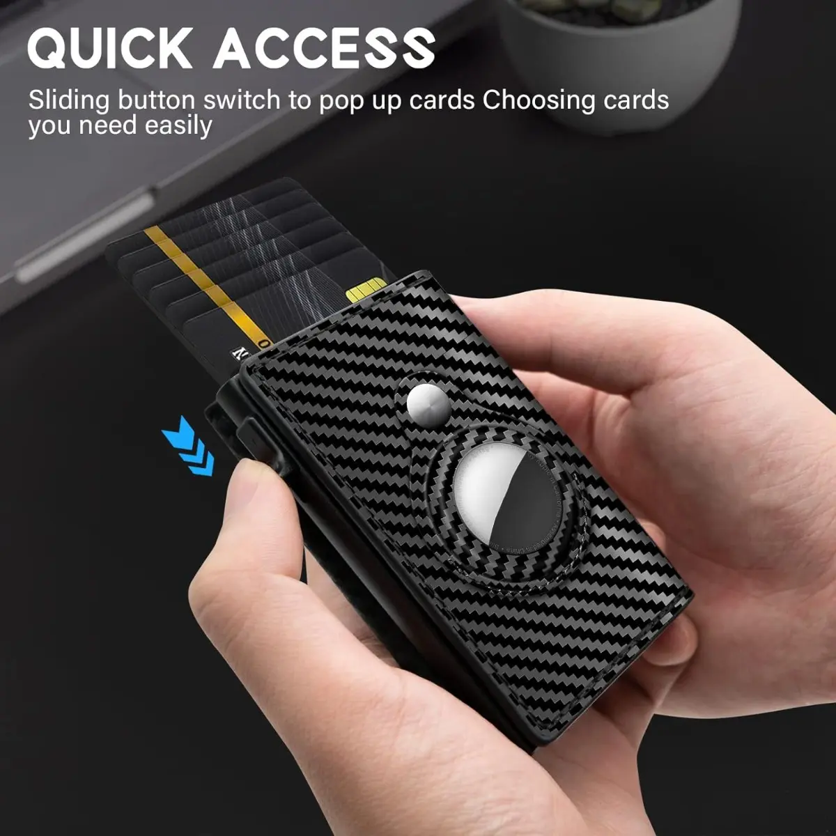 Men's Wallet RFID Slim Smart Wallet Card Holder with AirTag Holder Leather Carbon Fiber Minimalist Pop Up Wallet 9-14 Card Capacity ID Window Cash Slot for Everyday Carry Front Pocket Travel Gift for Men