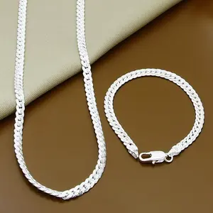 LUX-JEWEL - 925 Sterling Silver 2 Piece Full Side Chain Necklace Bracelet Women Men Fashion Jewelry Set Wedding Gift