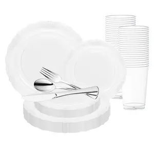 Clear with Silver Vintage Rim Round Disposable Plastic Wedding Value Set