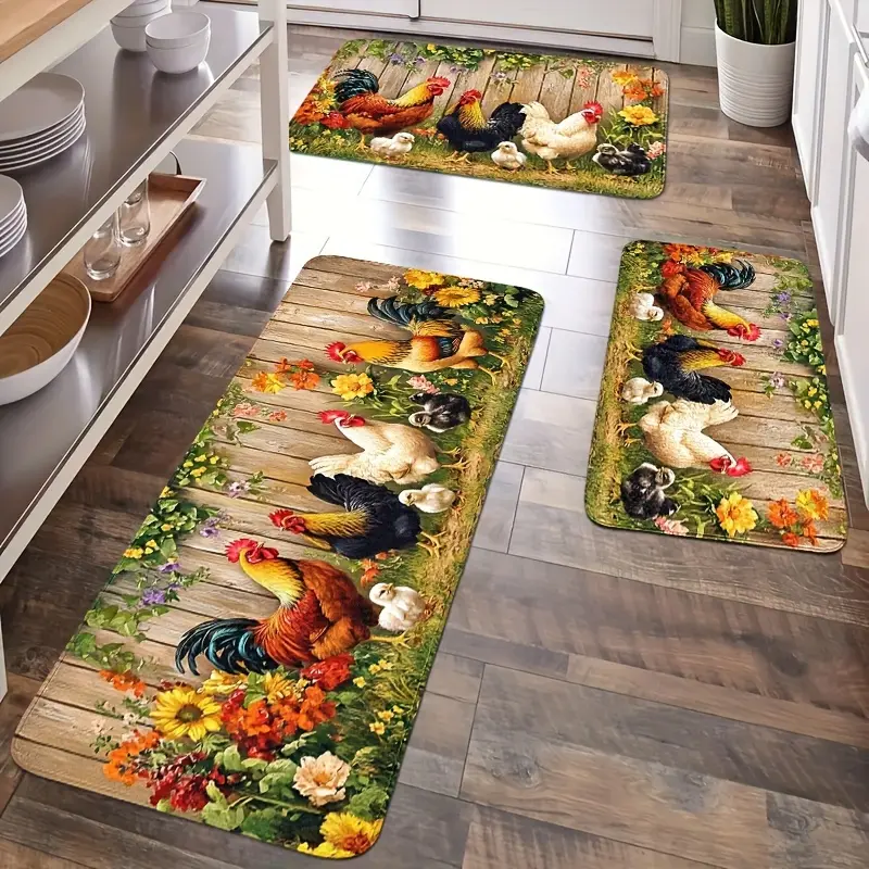 2/3pcs Set Christmas Kitchen Mats, Farmhouse Rooster Rugs for Home, Vintage Country Style Rooster Mats, Kitchen Cushion Mats, Flannel Material and Non-Slip Soft and Comfortable Easy to Clean, Living Room, Dining Room, Kitchen, Bathr fashion mixed color