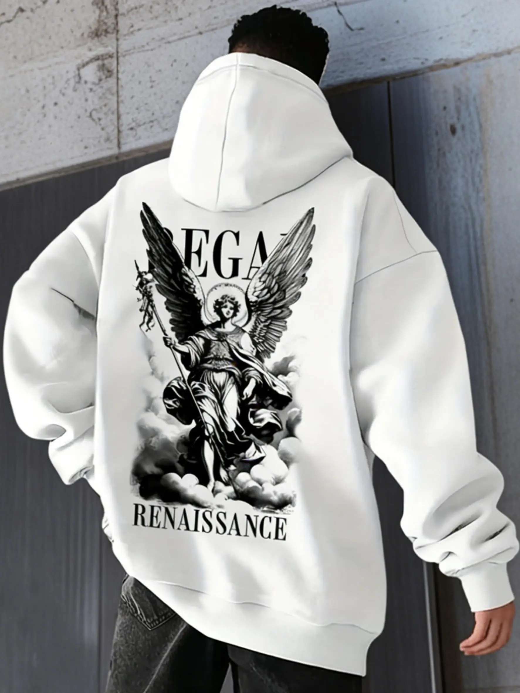 Urban Street Culture Hoodie Bold Graphic Streetwear Pullover Unisex Casual Hip Hop Fashion Trendy Outfit Style Baroque Religious Art High Street Loose Fit White Oversized Hoodie For Men Women