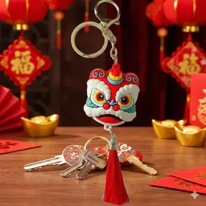 Chinese New Year Lion Dance Car Keychain, Cute Plush Mascot Pendant for Car Keys, Fluffy Lion Decor Keyring, Festive Gift Accessory for Auto Interior