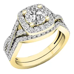 Dazzlingrock Collection 2.55 Cttw Round Cubic Zirconia Cushion Shaped Halo with Split Shank Wedding Ring Set for Women in 14K Solid Yellow Gold Size 7