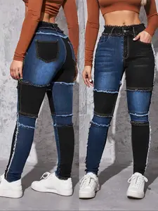 Women's American Vintage Colorblock Denim Jeans, Casual Daily Wear Elastic Long Pants, Simple Versatile Style for Everyday