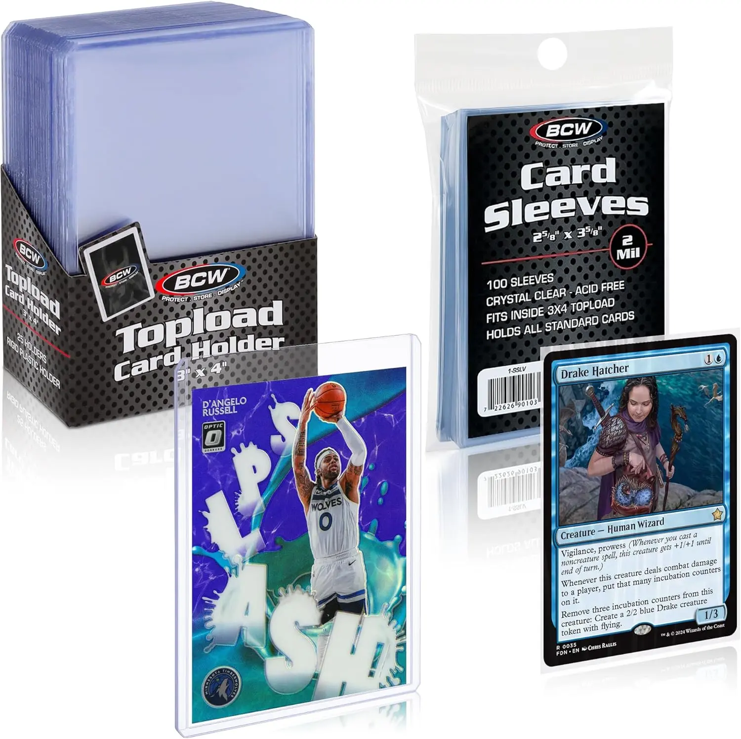 BCW Card Toploaders and Card Sleeves Set | 1 Pack of 25 Toploaders and 3 Packs of 300 Sleeves | Durable, Clear Protection for Standard Trading Cards | Safe for Storage and Display